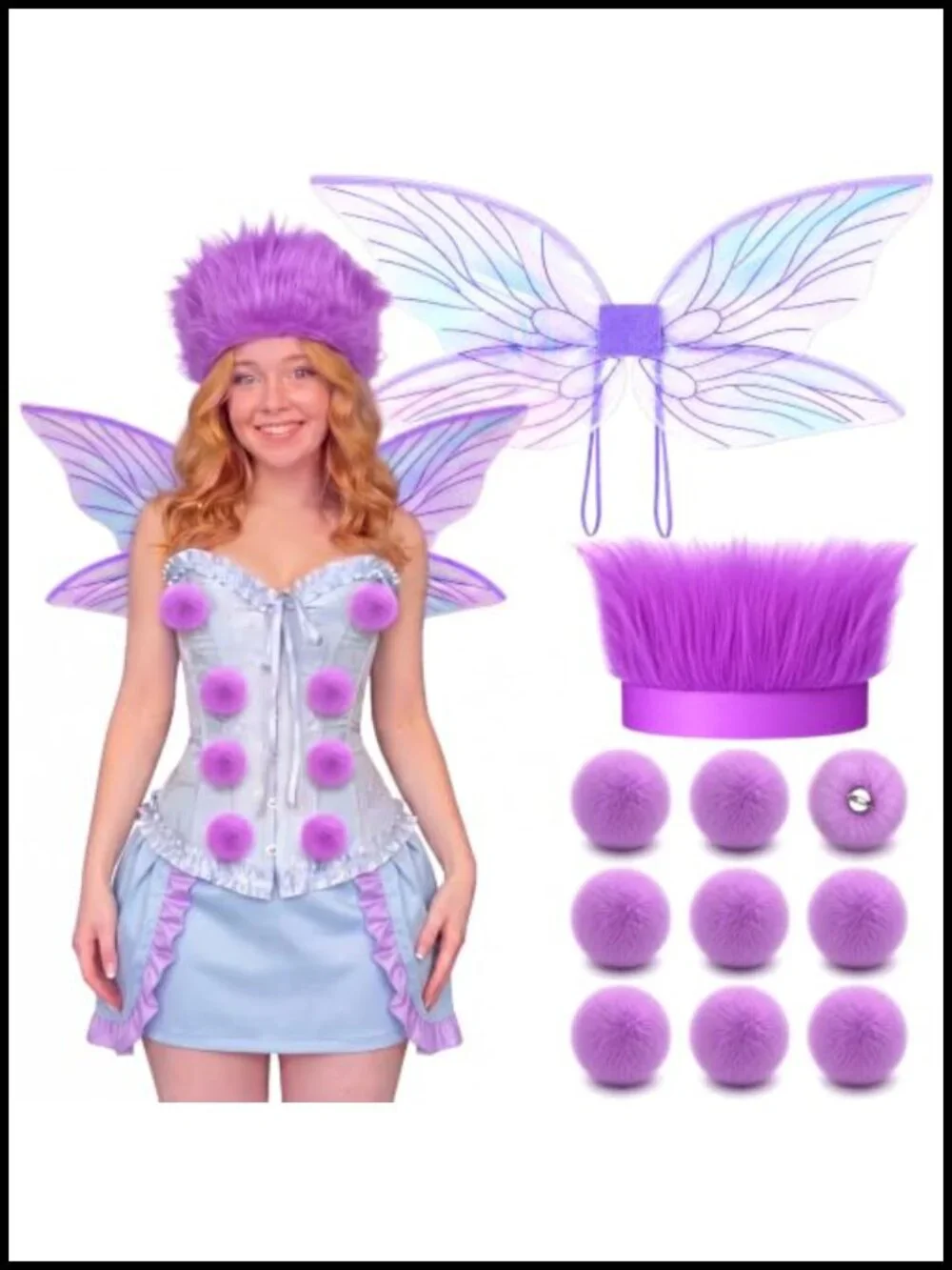 Adult Fairy Wings Costume Set with Pom Pom Hair Clips & Wig